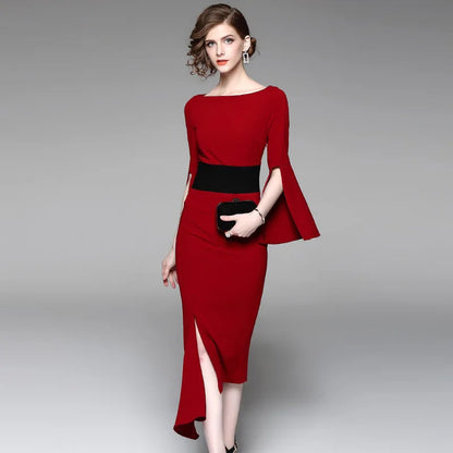 New irregular waist-tightening dresses red medium-length dress for solid slash neck flare sleevebanquet